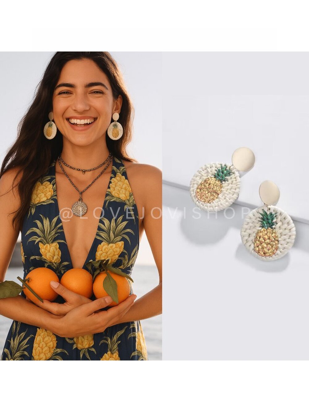 Earrings | Meeis Pineapple Rattan Drop Dangles | Hand Painted Boho Resortwear
